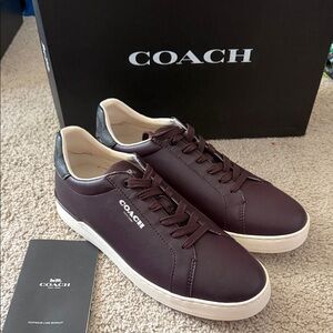 COACH Men's Burgundy Leather Low-Top Sneakers with Black Heel